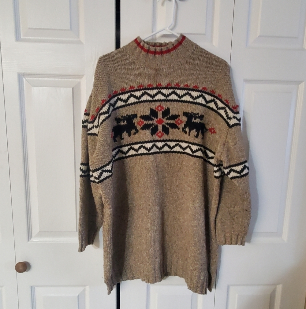 VINTAGE EDDIE BAUER 1990S. NORDIC REINDEER SWEATER. WOOL/SILK BLEND. XXL